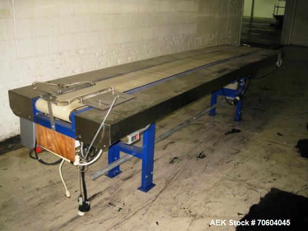 Used Island Equipment pack-off conveyor, 1' wide x 12' long, with 10" stainless steel side rails, 1/2 hp variable speed motor.