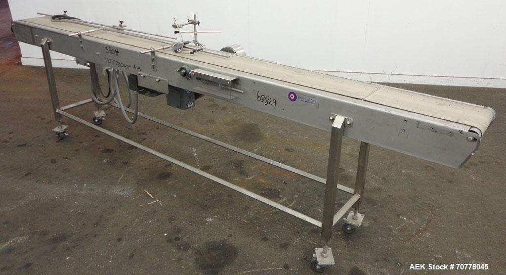 Used Johnson Nash Belt conveyor approximately 8" wide x 130" long belt. Stainless steel frame on casters with Leeson variable speed controller.