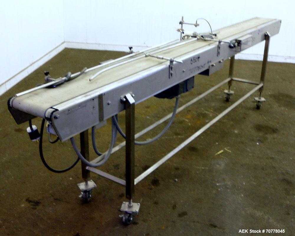 Used Johnson Nash Belt conveyor approximately 8" wide x 130" long belt. Stainless steel frame on casters with Leeson variable speed controller.