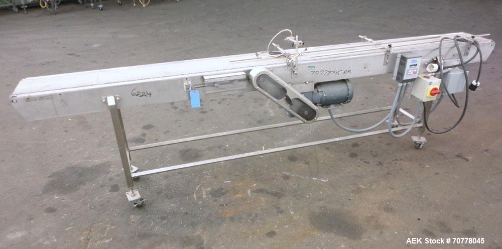 Used Johnson Nash Belt conveyor approximately 8" wide x 130" long belt. Stainless steel frame on casters with Leeson variable speed controller.