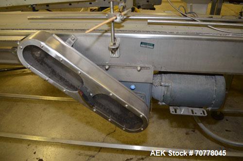 Used Johnson Nash Belt conveyor approximately 8" wide x 130" long belt. Stainless steel frame on casters with Leeson variable speed controller.