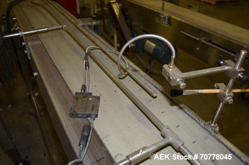 Used Johnson Nash Belt conveyor approximately 8" wide x 130" long belt. Stainless steel frame on casters with Leeson variable speed controller.