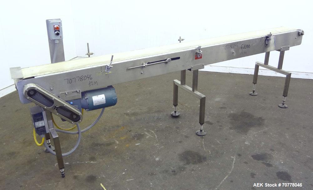 Used Johnson Nash Metal Products Belt Conveyor. Approximately 8'L x 10"w. stainless steel frame. Mounted on adjustable height screw legs.