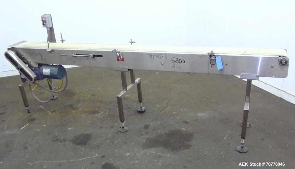 Used Johnson Nash Metal Products Belt Conveyor. Approximately 8'L x 10"w. stainless steel frame. Mounted on adjustable height screw legs.