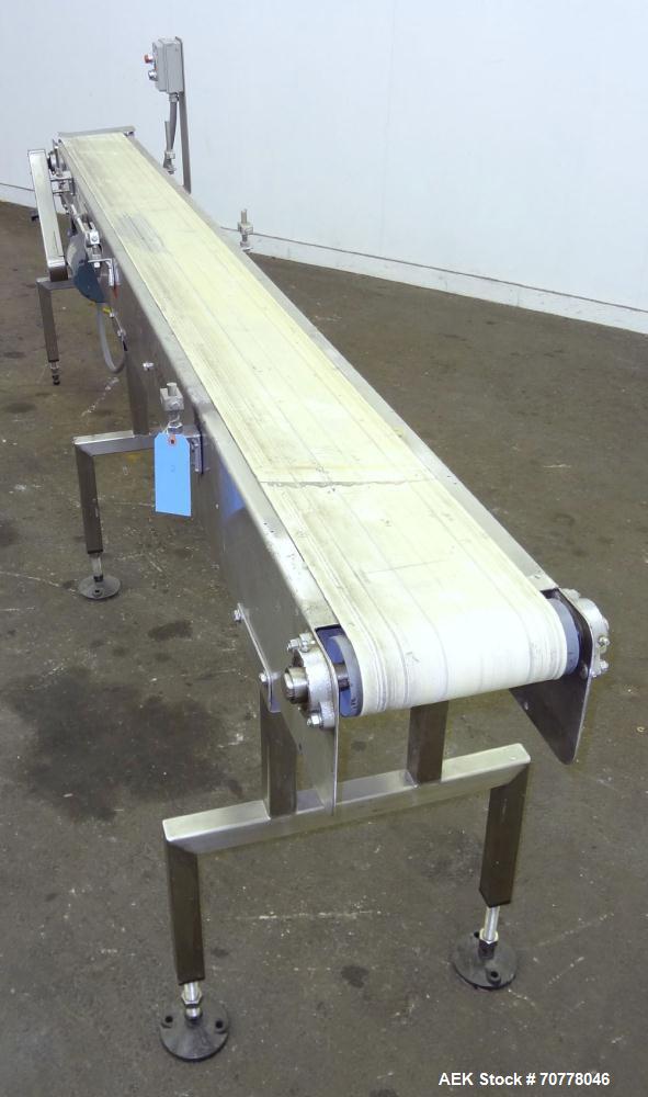 Used Johnson Nash Metal Products Belt Conveyor. Approximately 8'L x 10"w. stainless steel frame. Mounted on adjustable height screw legs.