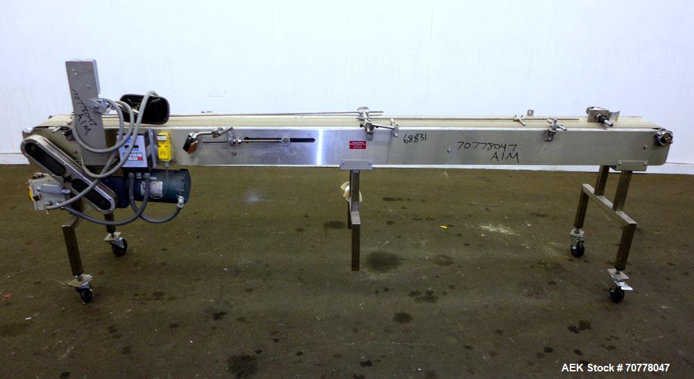 Used Johnson Nash Metal Products Belt Conveyor. Approximately 8'L x 10"w. stainless steel frame. Mounted on casters. Leeson variable speed controller.