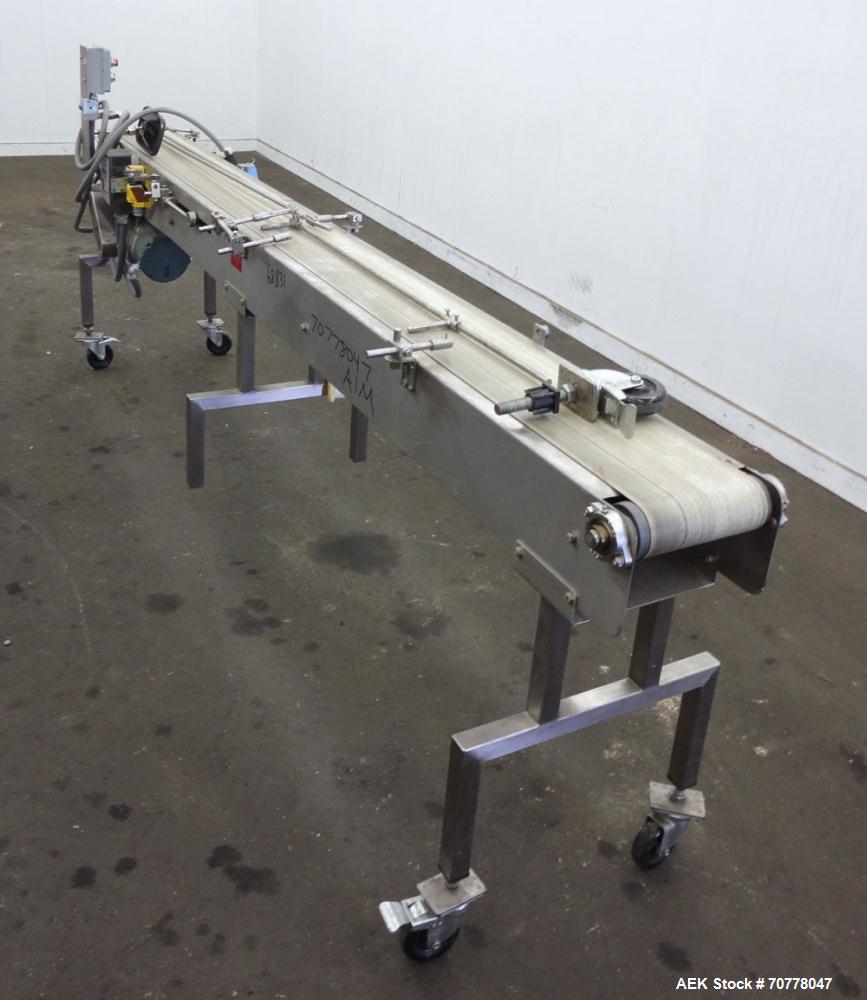 Used Johnson Nash Metal Products Belt Conveyor. Approximately 8'L x 10"w. stainless steel frame. Mounted on casters. Leeson variable speed controller.