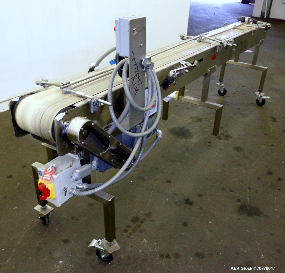 Used Johnson Nash Metal Products Belt Conveyor. Approximately 8'L x 10"w. stainless steel frame. Mounted on casters. Leeson variable speed controller.