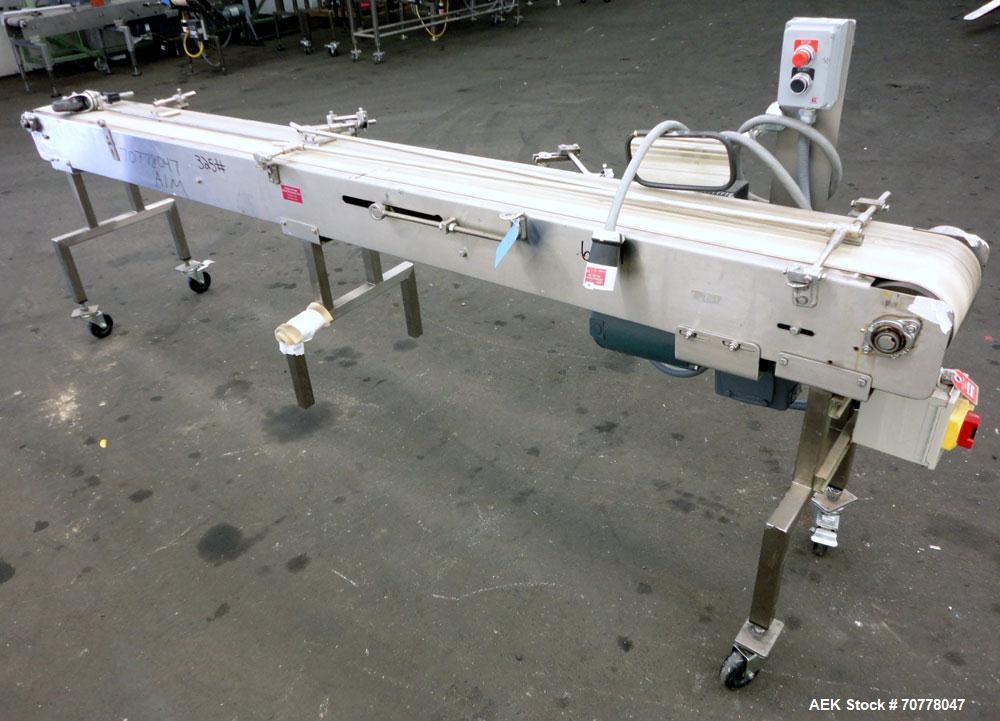 Used Johnson Nash Metal Products Belt Conveyor. Approximately 8'L x 10"w. stainless steel frame. Mounted on casters. Leeson variable speed controller.