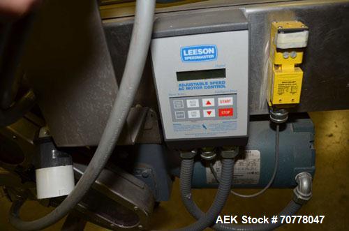 Used Johnson Nash Metal Products Belt Conveyor. Approximately 8'L x 10"w. stainless steel frame. Mounted on casters. Leeson variable speed controller.