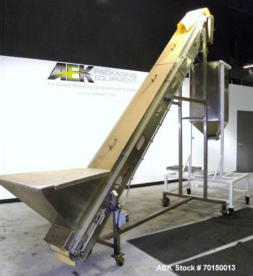 Used Kamflex Inclined Belt Conveyor, Model 705. 12’’ Wide x approximately 180’’ long rubber cleated belt. 6’’ Long pockets with 3’’ tall cleats. End feed hopper. Driven by an approximate 1/2 hp, 1/60...