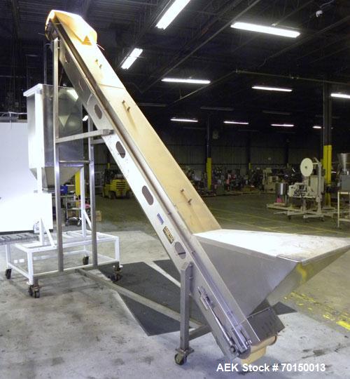 Used Kamflex Inclined Belt Conveyor, Model 705. 12’’ Wide x approximately 180’’ long rubber cleated belt. 6’’ Long pockets with 3’’ tall cleats. End feed hopper. Driven by an approximate 1/2 hp, 1/60...