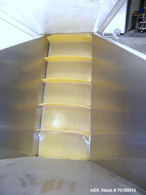 Used Kamflex Inclined Belt Conveyor, Model 705. 12’’ Wide x approximately 180’’ long rubber cleated belt. 6’’ Long pockets with 3’’ tall cleats. End feed hopper. Driven by an approximate 1/2 hp, 1/60...