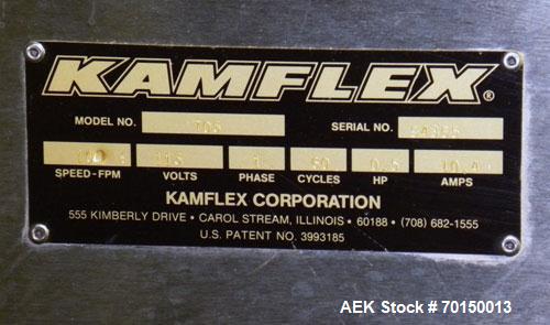 Used Kamflex Inclined Belt Conveyor, Model 705. 12’’ Wide x approximately 180’’ long rubber cleated belt. 6’’ Long pockets with 3’’ tall cleats. End feed hopper. Driven by an approximate 1/2 hp, 1/60...