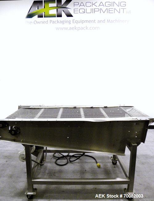 Used Wire Mesh Cooling Conveyor, 304 Stainless Steel. 22'' wide x 60'' long. Driven by a 1/2 hp, 90 volt, 1750 rpm DC gear motor, ratio 43 to 1. Includes a Bronco DC speed controller. 36'' high belt ...
