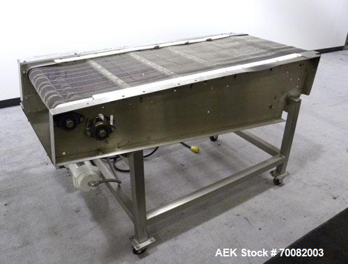 Used Wire Mesh Cooling Conveyor, 304 Stainless Steel. 22'' wide x 60'' long. Driven by a 1/2 hp, 90 volt, 1750 rpm DC gear motor, ratio 43 to 1. Includes a Bronco DC speed controller. 36'' high belt ...