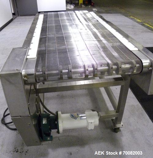 Used Wire Mesh Cooling Conveyor, 304 Stainless Steel. 22'' wide x 60'' long. Driven by a 1/2 hp, 90 volt, 1750 rpm DC gear motor, ratio 43 to 1. Includes a Bronco DC speed controller. 36'' high belt ...