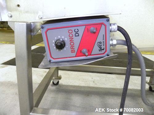 Used Wire Mesh Cooling Conveyor, 304 Stainless Steel. 22'' wide x 60'' long. Driven by a 1/2 hp, 90 volt, 1750 rpm DC gear motor, ratio 43 to 1. Includes a Bronco DC speed controller. 36'' high belt ...