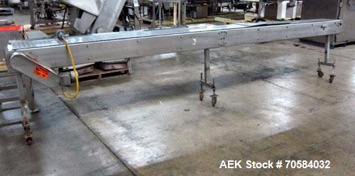 Used Table Top Chain Conveyor.Approximate 12" wide x 173" long plastic belt.Driven by a 1/2 hp, 3/60/230/460 volt, 1720 rpm motor. Mounted on a stainless steel frame with casters.