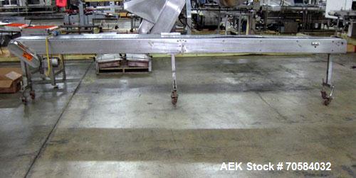 Used Table Top Chain Conveyor.Approximate 12" wide x 173" long plastic belt.Driven by a 1/2 hp, 3/60/230/460 volt, 1720 rpm motor. Mounted on a stainless steel frame with casters.