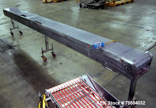 Used Table Top Chain Conveyor.Approximate 12" wide x 173" long plastic belt.Driven by a 1/2 hp, 3/60/230/460 volt, 1720 rpm motor. Mounted on a stainless steel frame with casters.