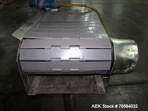 Used Table Top Chain Conveyor.Approximate 12" wide x 173" long plastic belt.Driven by a 1/2 hp, 3/60/230/460 volt, 1720 rpm motor. Mounted on a stainless steel frame with casters.