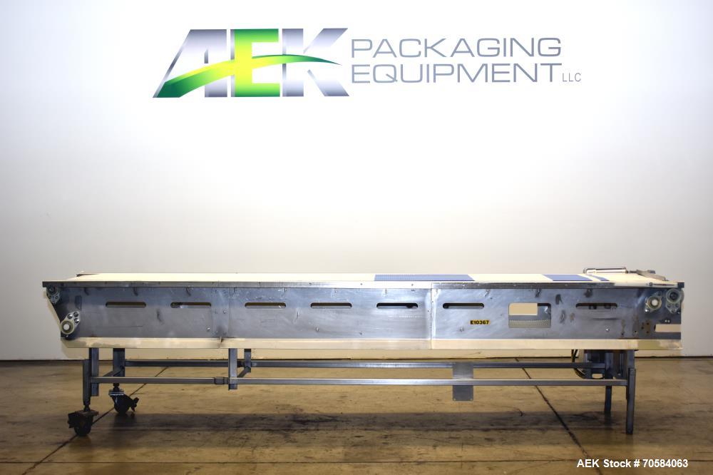 Used Packing Conveyor  table top style chain,   24"W x 12.5' L  X 36"h,  all Stainless Steel frame construction   3/60/230v power with AB Powerflex vfd
