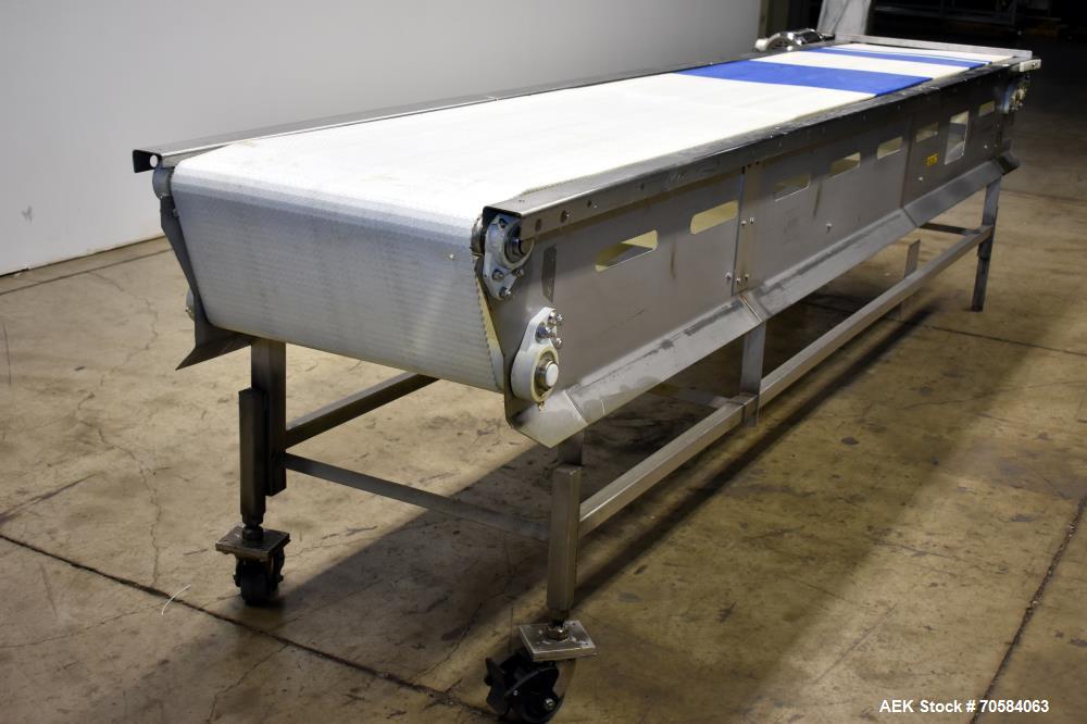 Used Packing Conveyor  table top style chain,   24"W x 12.5' L  X 36"h,  all Stainless Steel frame construction   3/60/230v power with AB Powerflex vfd