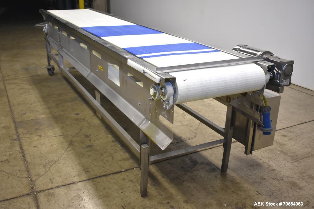 Used Packing Conveyor  table top style chain,   24"W x 12.5' L  X 36"h,  all Stainless Steel frame construction   3/60/230v power with AB Powerflex vfd