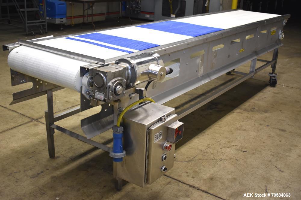 Used Packing Conveyor  table top style chain,   24"W x 12.5' L  X 36"h,  all Stainless Steel frame construction   3/60/230v power with AB Powerflex vfd