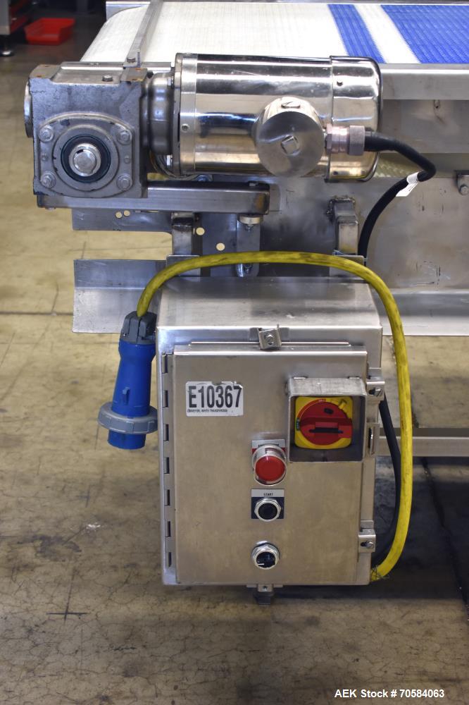 Used Packing Conveyor  table top style chain,   24"W x 12.5' L  X 36"h,  all Stainless Steel frame construction   3/60/230v power with AB Powerflex vfd
