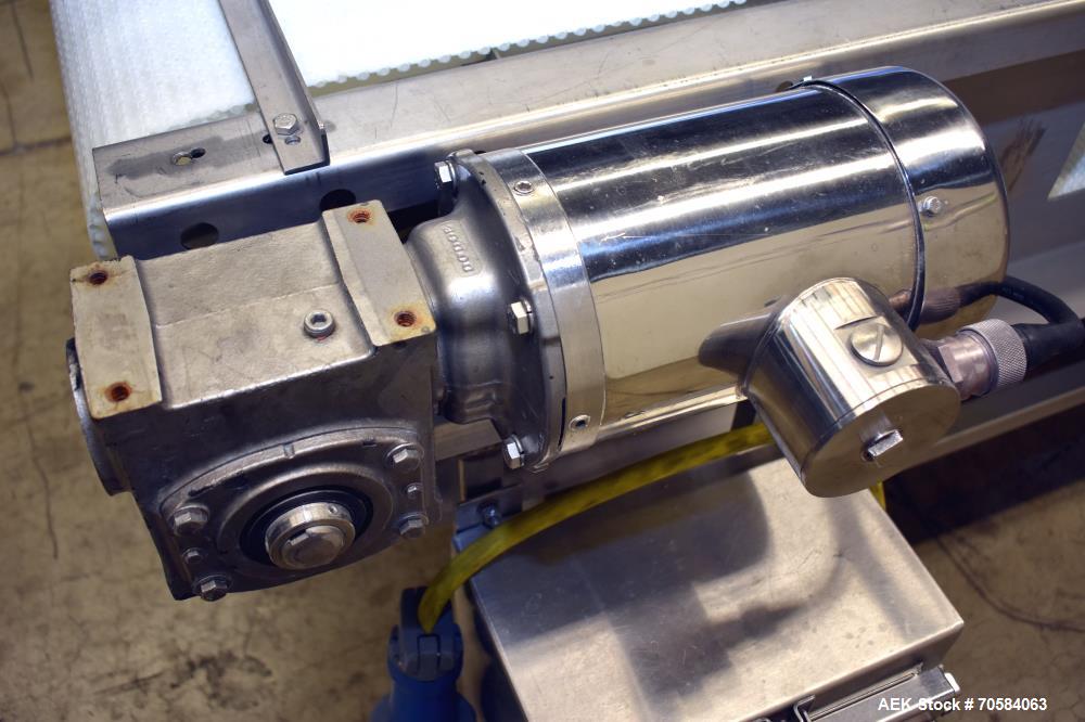 Used Packing Conveyor  table top style chain,   24"W x 12.5' L  X 36"h,  all Stainless Steel frame construction   3/60/230v power with AB Powerflex vfd