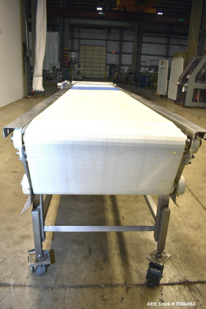 Used Packing Conveyor  table top style chain,   24"W x 12.5' L  X 36"h,  all Stainless Steel frame construction   3/60/230v power with AB Powerflex vfd