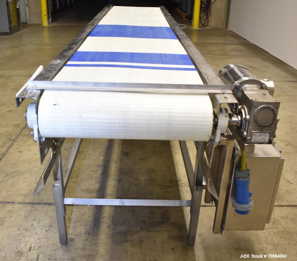 Used Packing Conveyor  table top style chain,   24"W x 12.5' L  X 36"h,  all Stainless Steel frame construction   3/60/230v power with AB Powerflex vfd