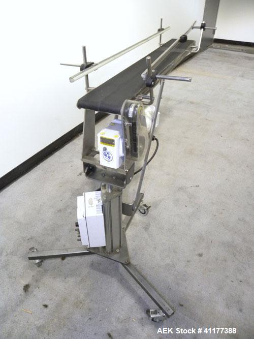 Used Dorner Belt Conveyor, 6100 Series. 6" wide x 47" long neoprene belt. Driven by a 1/3 hp, 90 volt, 1750 rpm DC gearmotor, ratio 15 to 1. Includes a Baldor speed controller. Mounted on a frame wit...