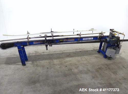 Used Span Tech Table Top Conveyor. 10-3/4" wide x 112" long plastic belt. Driven by a 3/4 hp, 3/60/230/460 volt, 1700 gearmotor. Mounted on a carbon steel frame with air reject and adjustable legs. M...