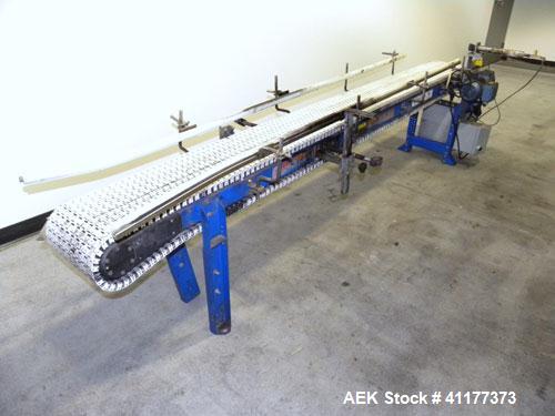 Used Span Tech Table Top Conveyor. 10-3/4" wide x 112" long plastic belt. Driven by a 3/4 hp, 3/60/230/460 volt, 1700 gearmotor. Mounted on a carbon steel frame with air reject and adjustable legs. M...