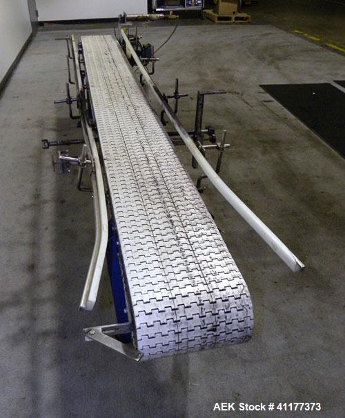 Used Span Tech Table Top Conveyor. 10-3/4" wide x 112" long plastic belt. Driven by a 3/4 hp, 3/60/230/460 volt, 1700 gearmotor. Mounted on a carbon steel frame with air reject and adjustable legs. M...