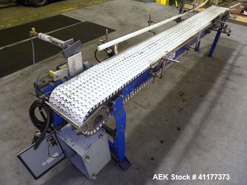 Used Span Tech Table Top Conveyor. 10-3/4" wide x 112" long plastic belt. Driven by a 3/4 hp, 3/60/230/460 volt, 1700 gearmotor. Mounted on a carbon steel frame with air reject and adjustable legs. M...