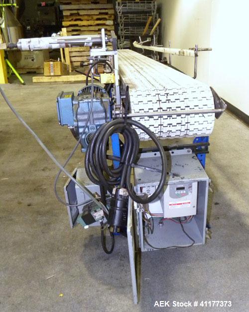 Used Span Tech Table Top Conveyor. 10-3/4" wide x 112" long plastic belt. Driven by a 3/4 hp, 3/60/230/460 volt, 1700 gearmotor. Mounted on a carbon steel frame with air reject and adjustable legs. M...