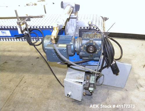 Used Span Tech Table Top Conveyor. 10-3/4" wide x 112" long plastic belt. Driven by a 3/4 hp, 3/60/230/460 volt, 1700 gearmotor. Mounted on a carbon steel frame with air reject and adjustable legs. M...
