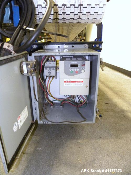 Used Span Tech Table Top Conveyor. 10-3/4" wide x 112" long plastic belt. Driven by a 3/4 hp, 3/60/230/460 volt, 1700 gearmotor. Mounted on a carbon steel frame with air reject and adjustable legs. M...