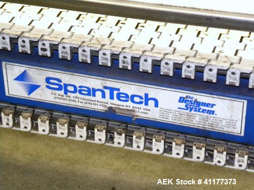 Used Span Tech Table Top Conveyor. 10-3/4" wide x 112" long plastic belt. Driven by a 3/4 hp, 3/60/230/460 volt, 1700 gearmotor. Mounted on a carbon steel frame with air reject and adjustable legs. M...