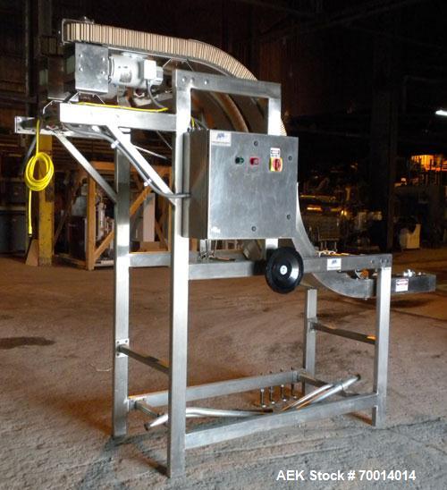 Used APS (Automated Production Systems) “S” Shaped Side Belt Bottle or Case Elevator.  (2) 3-1/2’’ tall side gripper belts, bottom horizontal section approximately 36’’ long x middle incline section ...