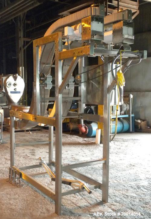 Used APS (Automated Production Systems) “S” Shaped Side Belt Bottle or Case Elevator.  (2) 3-1/2’’ tall side gripper belts, bottom horizontal section approximately 36’’ long x middle incline section ...
