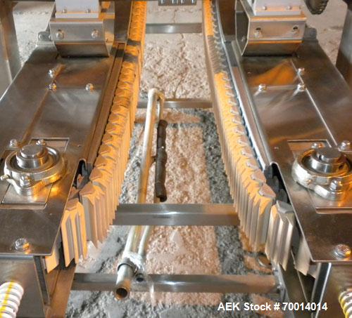 Used APS (Automated Production Systems) “S” Shaped Side Belt Bottle or Case Elevator.  (2) 3-1/2’’ tall side gripper belts, bottom horizontal section approximately 36’’ long x middle incline section ...
