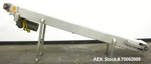 Used Inclined Belt Conveyor. 12'' wide x 92'' long rubber belt with 1'' tall cleats, spaced approximately 12'' apart. 36'' belt discharge height. Driven by a 3/4 hp, 3/60/230/460 volt, 1725 rpm gear ...
