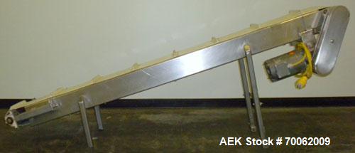 Used Inclined Belt Conveyor. 12'' wide x 92'' long rubber belt with 1'' tall cleats, spaced approximately 12'' apart. 36'' belt discharge height. Driven by a 3/4 hp, 3/60/230/460 volt, 1725 rpm gear ...