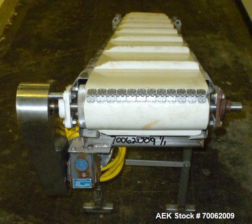 Used Inclined Belt Conveyor. 12'' wide x 92'' long rubber belt with 1'' tall cleats, spaced approximately 12'' apart. 36'' belt discharge height. Driven by a 3/4 hp, 3/60/230/460 volt, 1725 rpm gear ...