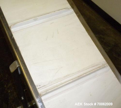 Used Inclined Belt Conveyor. 12'' wide x 92'' long rubber belt with 1'' tall cleats, spaced approximately 12'' apart. 36'' belt discharge height. Driven by a 3/4 hp, 3/60/230/460 volt, 1725 rpm gear ...
